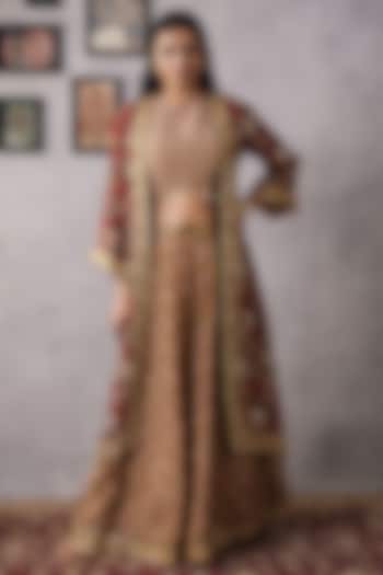 Red Malaysian Silk & Crepe Embroidered Jacket Lehenga Set by Soup by Sougat Paul