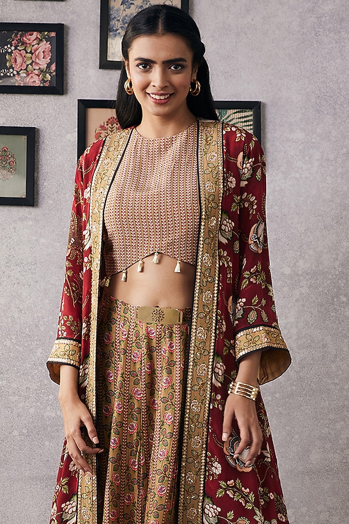 Red Malaysian Silk & Crepe Embroidered Jacket Lehenga Set by Soup by Sougat Paul at Pernia's Pop Up Shop
