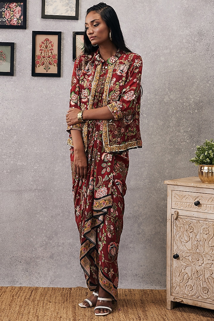 Red Malaysian Silk & Crepe Printed Jacket Dress by Soup by Sougat Paul