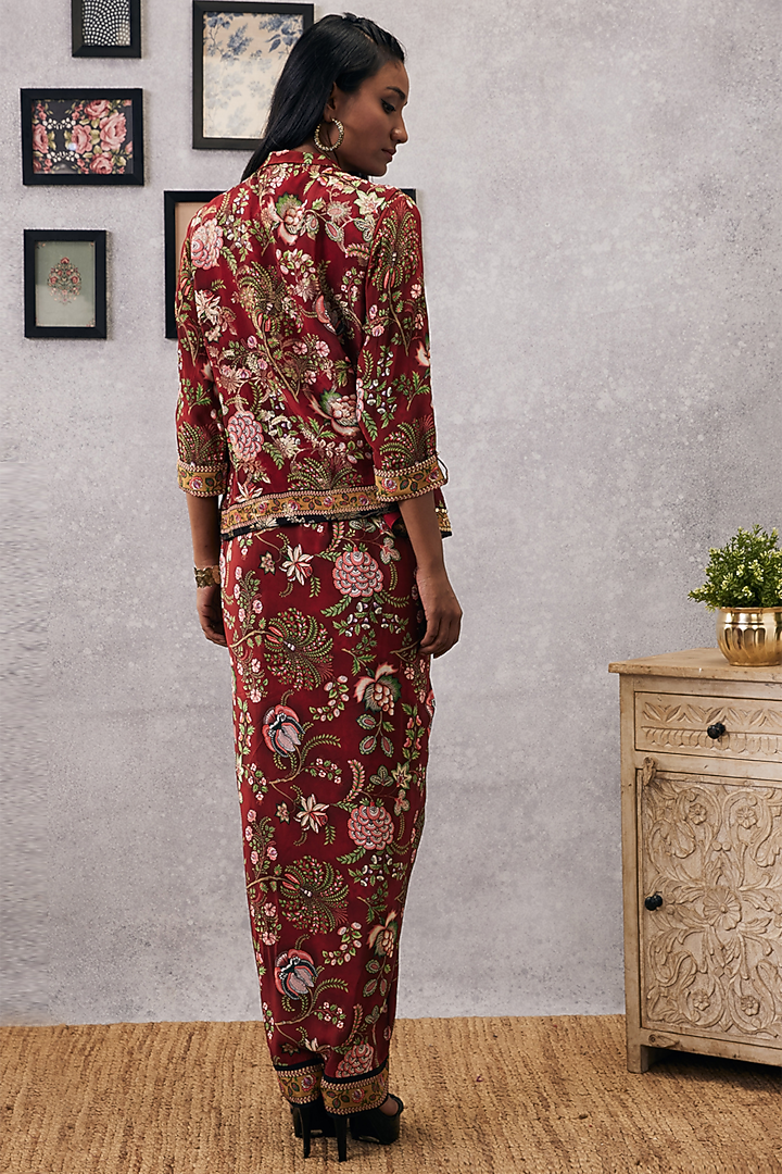Red Malaysian Silk & Crepe Printed Jacket Vacation Dress by Soup by Sougat Paul at Pernia's Pop Up Shop