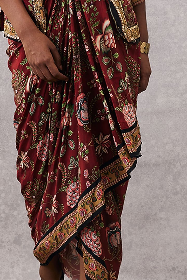 Red Malaysian Silk & Crepe Printed Jacket Vacation Dress by Soup by Sougat Paul at Pernia's Pop Up Shop