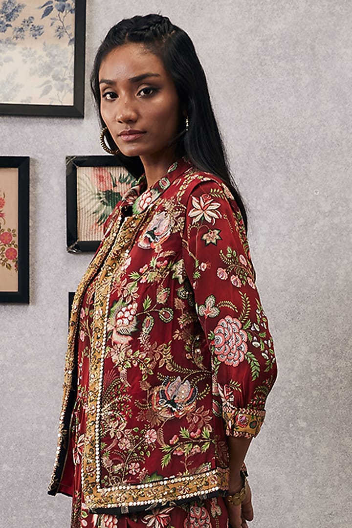 Red Malaysian Silk & Crepe Printed Jacket Vacation Dress by Soup by Sougat Paul at Pernia's Pop Up Shop