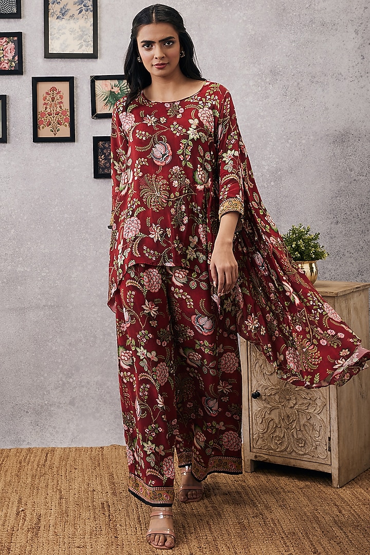 Red Crepe Embroidered Co-Ord Set by Soup by Sougat Paul at Pernia's Pop Up Shop
