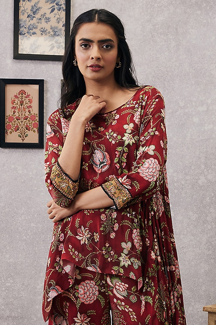 Red Crepe Embroidered Co-Ord Set by Soup by Sougat Paul at Pernia's Pop Up Shop