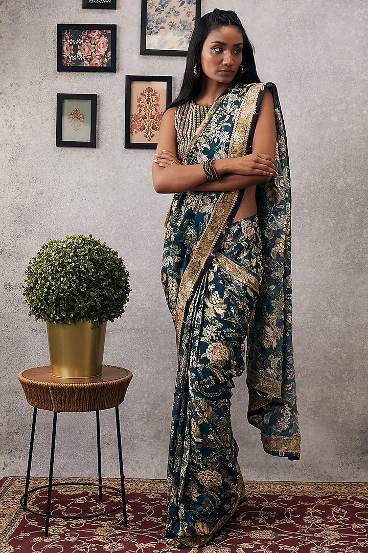 Green Crepe & Brocade Embroidered Saree Set by Soup by Sougat Paul