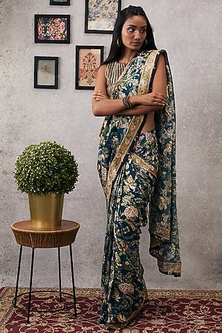 Green Crepe & Brocade Embroidered Saree Set by Soup by Sougat Paul