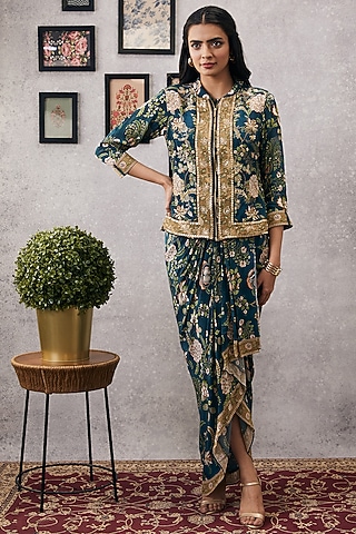 Green Malaysian Silk & Crepe Printed Jacket Dress by Soup by Sougat Paul