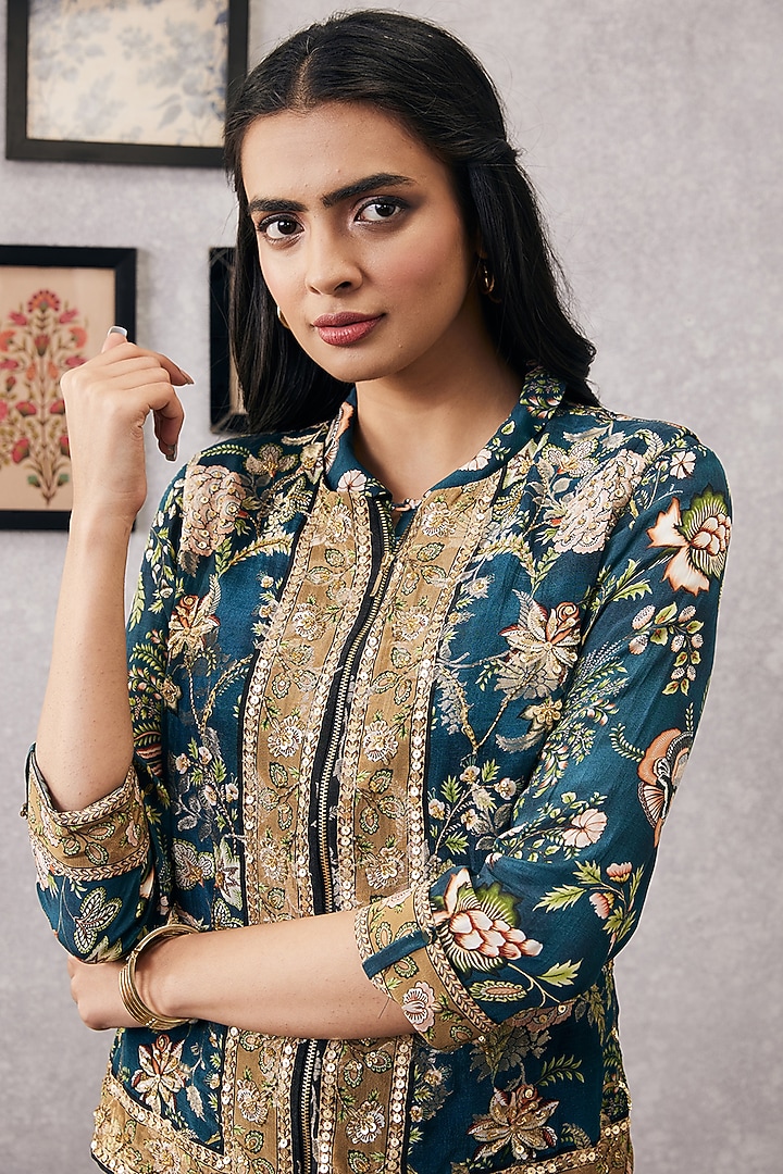 Green Malaysian Silk & Crepe Printed Jacket Vacation Dress by Soup by Sougat Paul at Pernia's Pop Up Shop