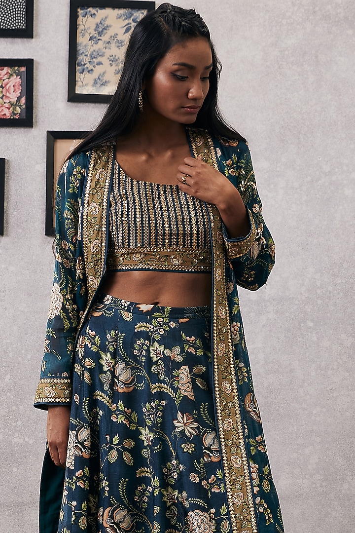 Green Malaysian Silk & Crepe Embroidered Jacket Wedding Lehenga Set by Soup by Sougat Paul at Pernia's Pop Up Shop