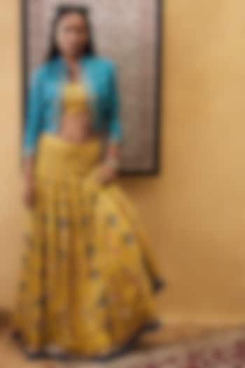 Yellow & Turquoise Malaysian Silk Embroidered Jacket Lehenga Set by Soup by Sougat Paul