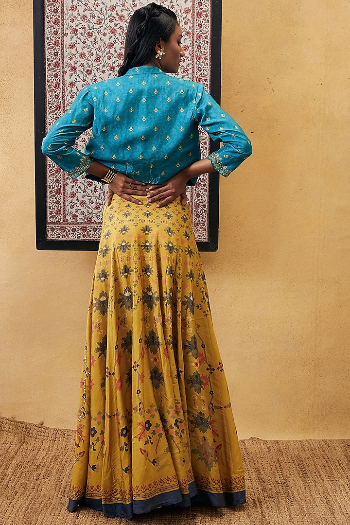 Yellow & Turquoise Malaysian Silk Embroidered Jacket Lehenga Set by Soup by Sougat Paul at Pernia's Pop Up Shop