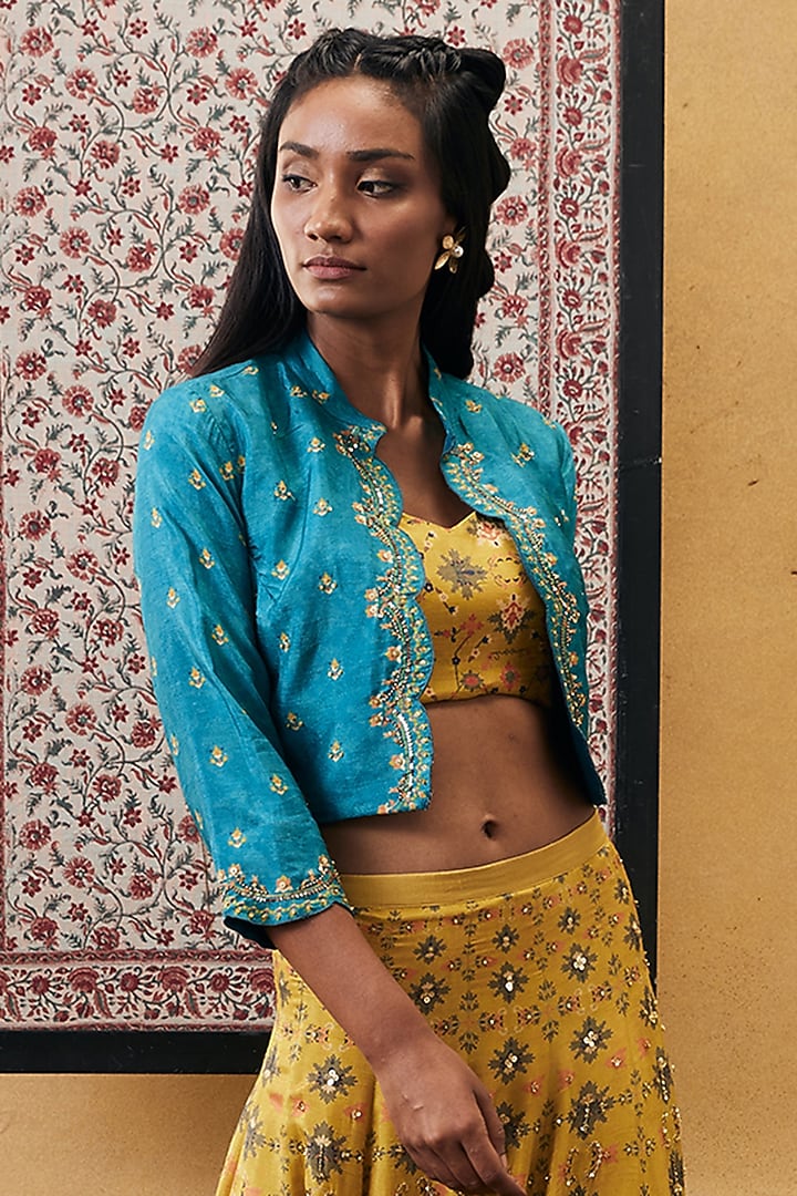 Yellow & Turquoise Malaysian Silk Embroidered Jacket Lehenga Set by Soup by Sougat Paul at Pernia's Pop Up Shop