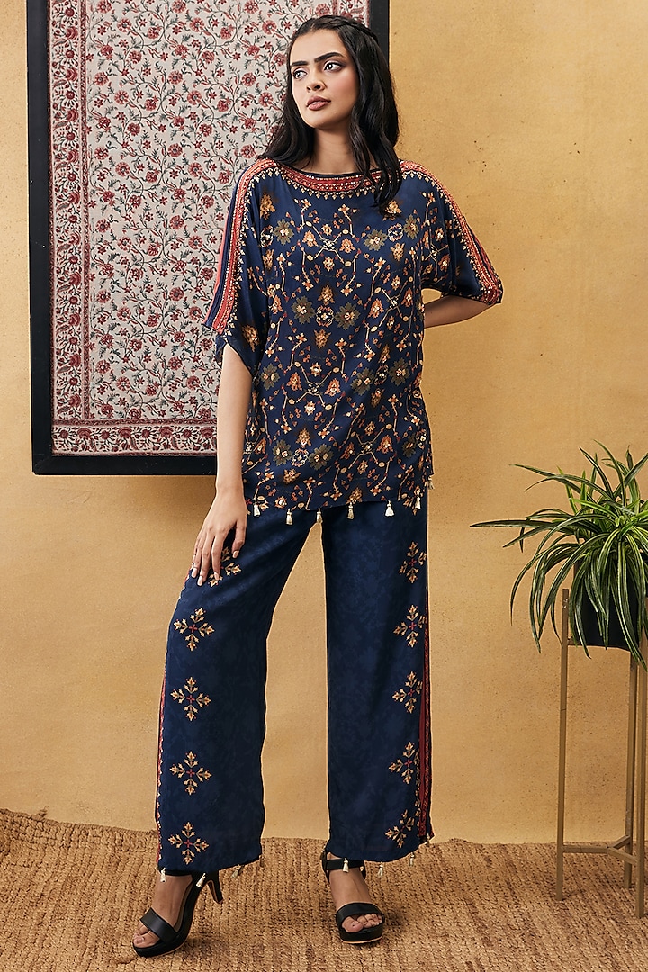 Blue Crepe Embroidered Co-Ord Set by Soup by Sougat Paul at Pernia's Pop Up Shop