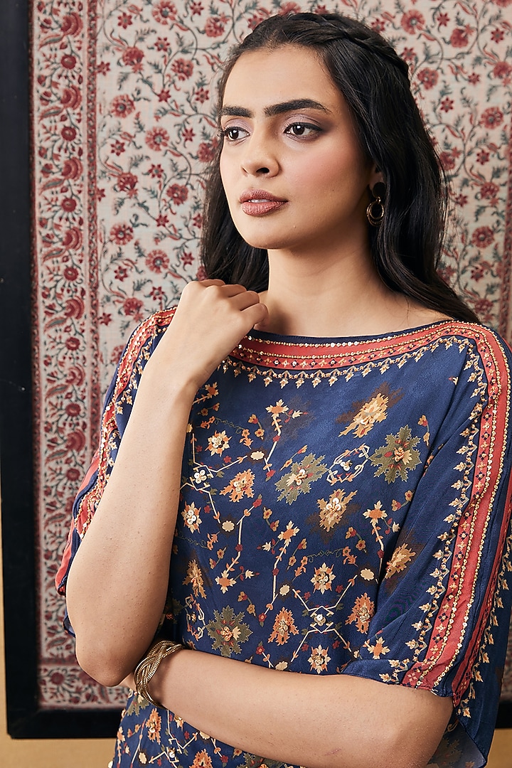 Blue Crepe Embroidered Co-Ord Set by Soup by Sougat Paul at Pernia's Pop Up Shop
