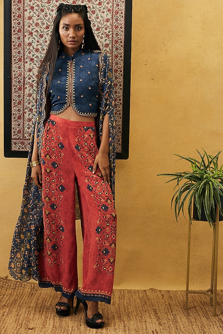 Blue & Red Chiffon & Crepe Embroidered Cape Set by Soup by Sougat Paul