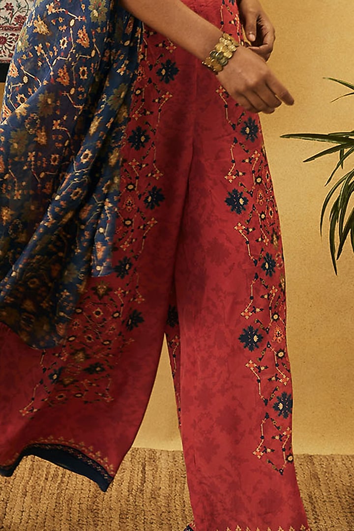 Blue & Red Chiffon & Crepe Embroidered Cape Set by Soup by Sougat Paul at Pernia's Pop Up Shop