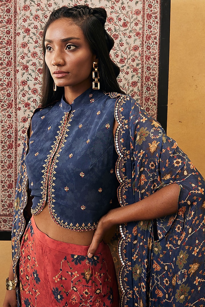 Blue & Red Chiffon & Crepe Embroidered Cape Set by Soup by Sougat Paul at Pernia's Pop Up Shop
