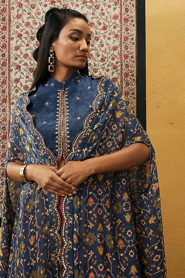 Blue & Red Chiffon & Crepe Embroidered Cape Set by Soup by Sougat Paul at Pernia's Pop Up Shop