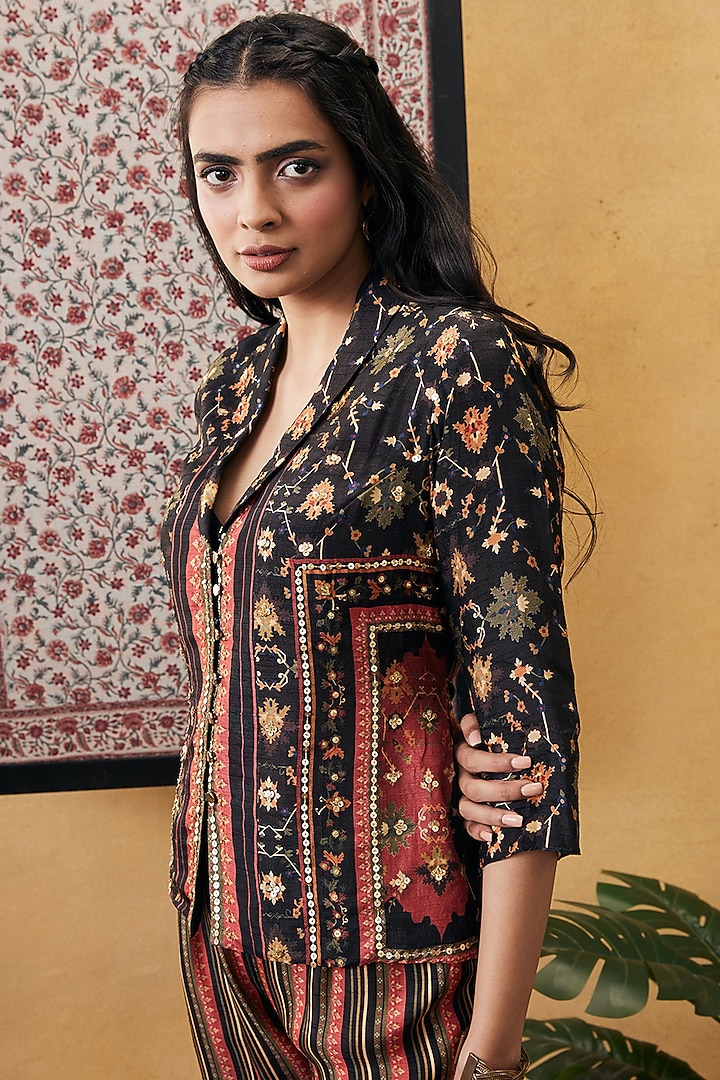 Black Malaysian Silk Embroidered Co-Ord Set by Soup by Sougat Paul at Pernia's Pop Up Shop