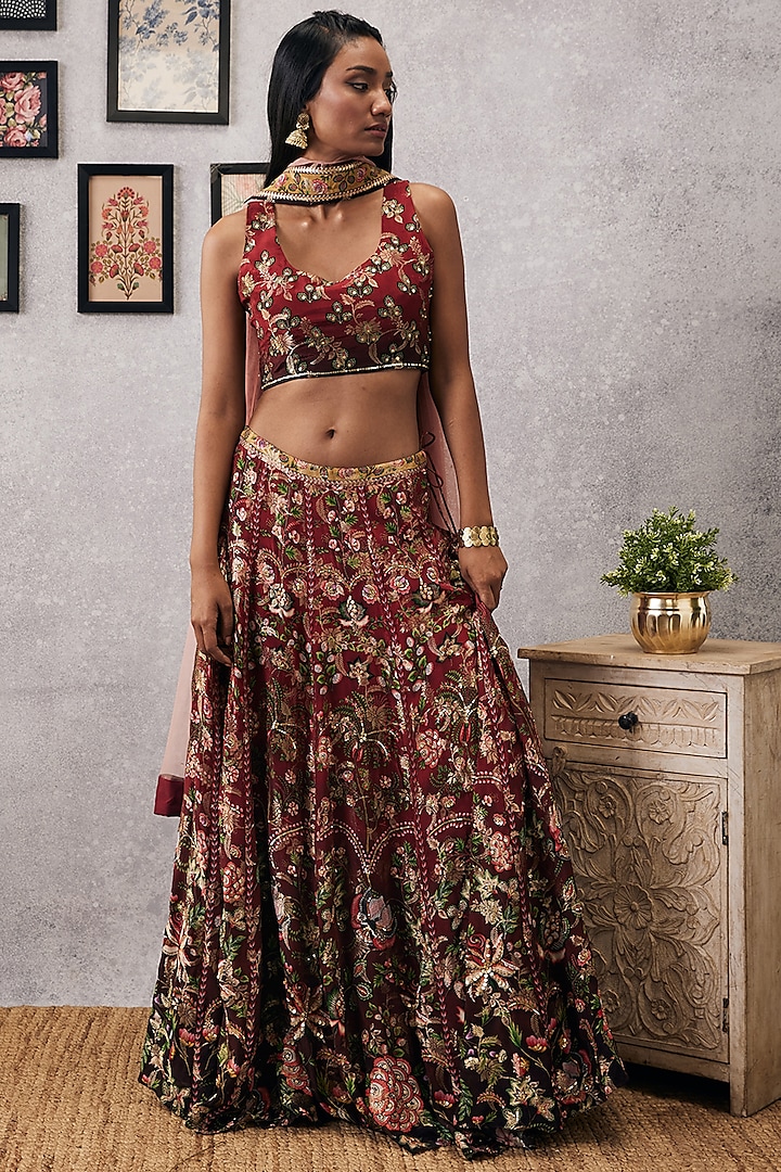 Red Brocade & Net Embroidered Wedding Lehenga Set by Soup by Sougat Paul at Pernia's Pop Up Shop