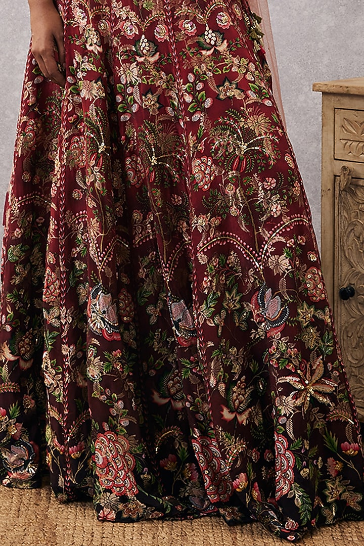 Red Brocade & Net Embroidered Wedding Lehenga Set by Soup by Sougat Paul at Pernia's Pop Up Shop