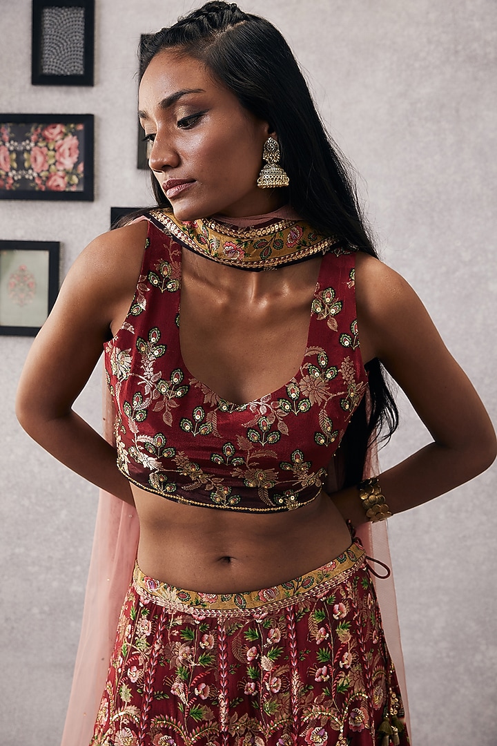 Red Brocade & Net Embroidered Wedding Lehenga Set by Soup by Sougat Paul at Pernia's Pop Up Shop