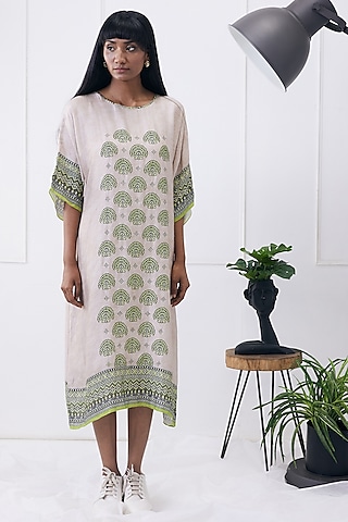 Beige Jacquard Printed Kimono Dress by Soup by Sougat Paul