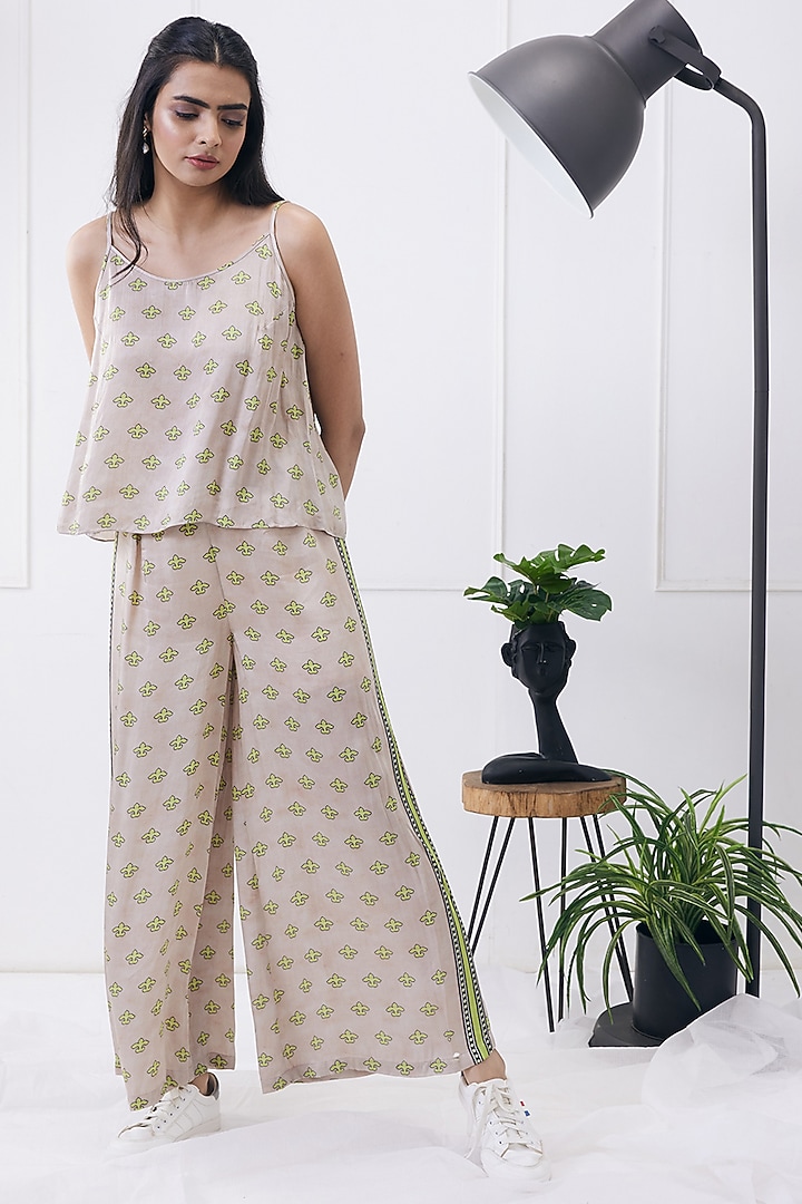 Beige & Green Satin Printed Jacket Set by Soup by Sougat Paul at Pernia's Pop Up Shop