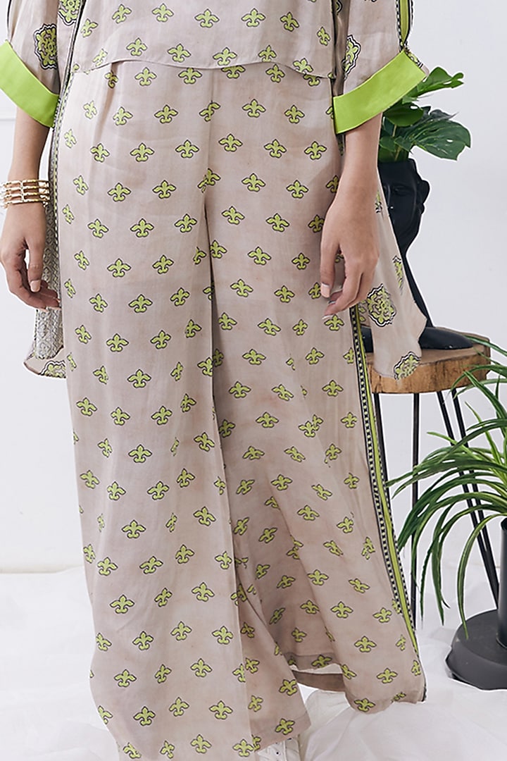 Beige & Green Satin Printed Jacket Set by Soup by Sougat Paul at Pernia's Pop Up Shop