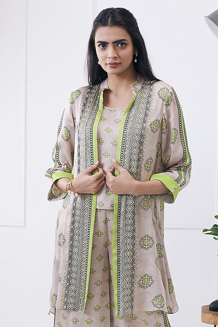 Beige & Green Satin Printed Jacket Set by Soup by Sougat Paul at Pernia's Pop Up Shop