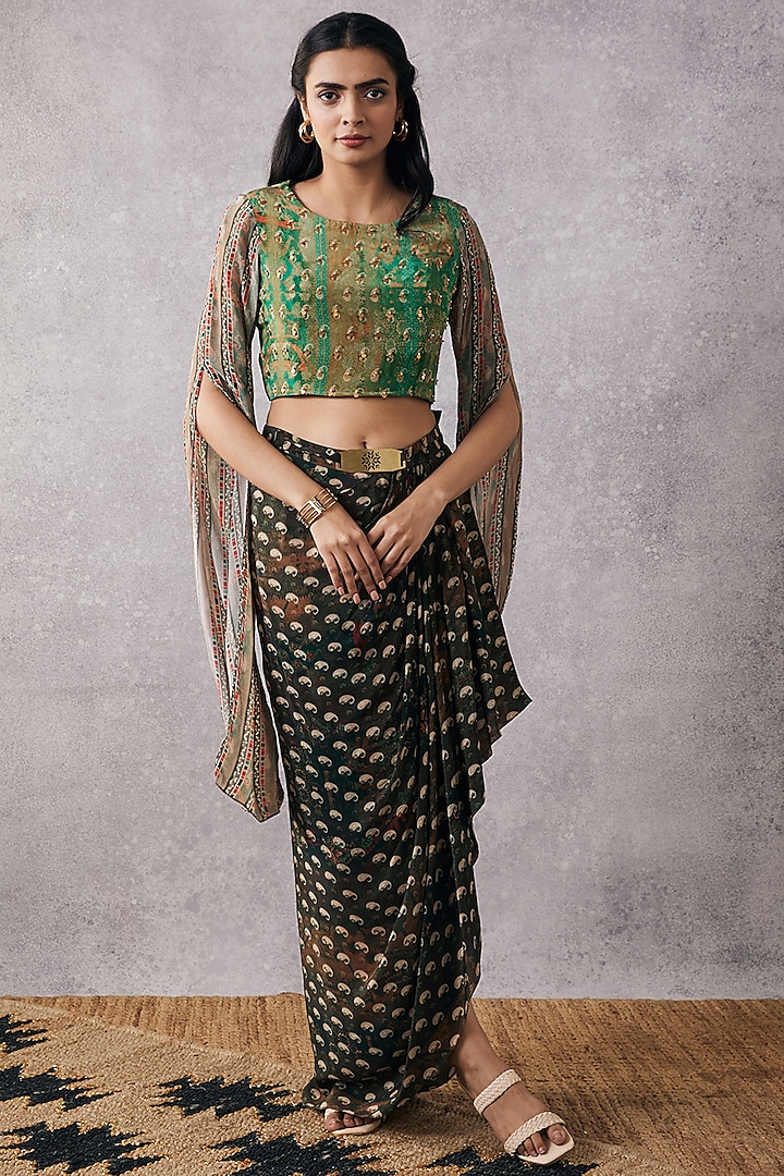 Multi-Colored Chiffon & Sequins Draped Skirt Set by Soup by Sougat Paul at Pernia's Pop Up Shop