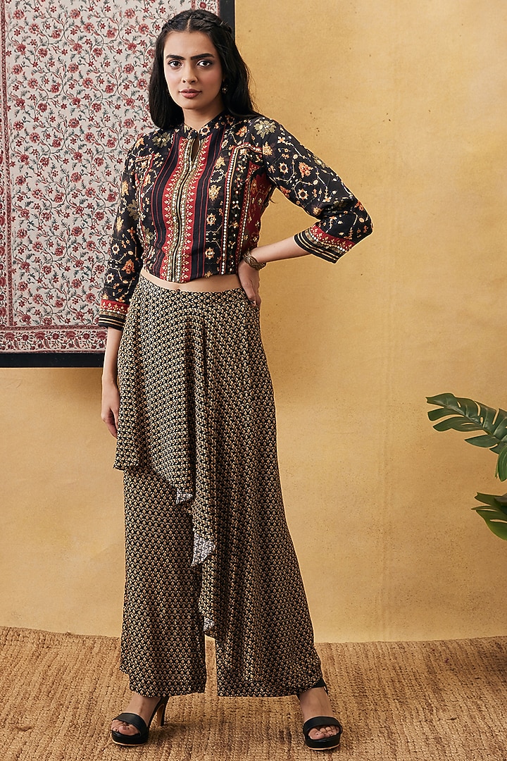 BLack Malaysian Silk & Crepe Embroidered Co-Ord Set by Soup by Sougat Paul at Pernia's Pop Up Shop