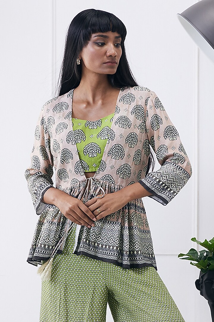 Green & Beige Jacquard Printed Jacket Set by Soup by Sougat Paul at Pernia's Pop Up Shop