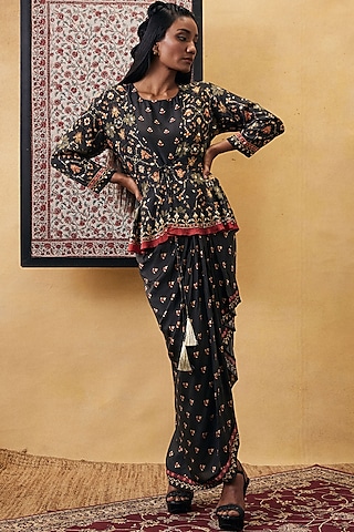 Black Cotton Silk Printed Jacket Dress by Soup by Sougat Paul