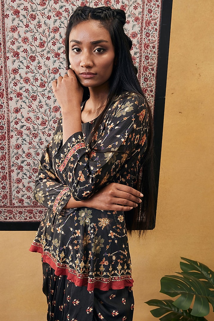 Black Cotton Silk Printed Jacket Vacation Dress by Soup by Sougat Paul at Pernia's Pop Up Shop