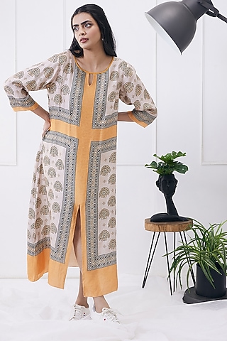 Beige & Orange Satin Printed Dress by Soup by Sougat Paul