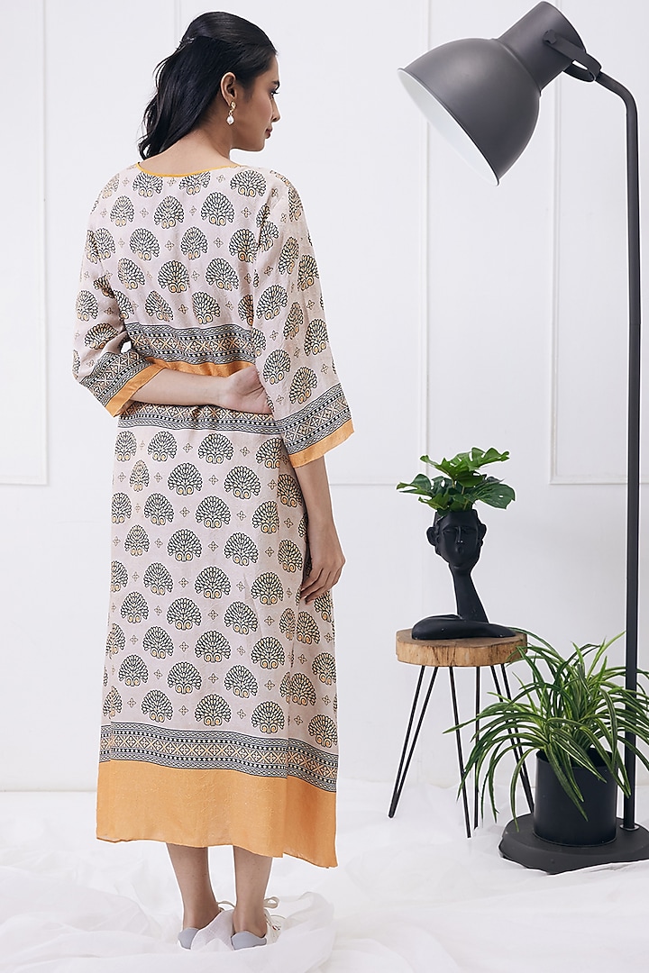 Beige & Orange Satin Printed Summer Dress by Soup by Sougat Paul at Pernia's Pop Up Shop