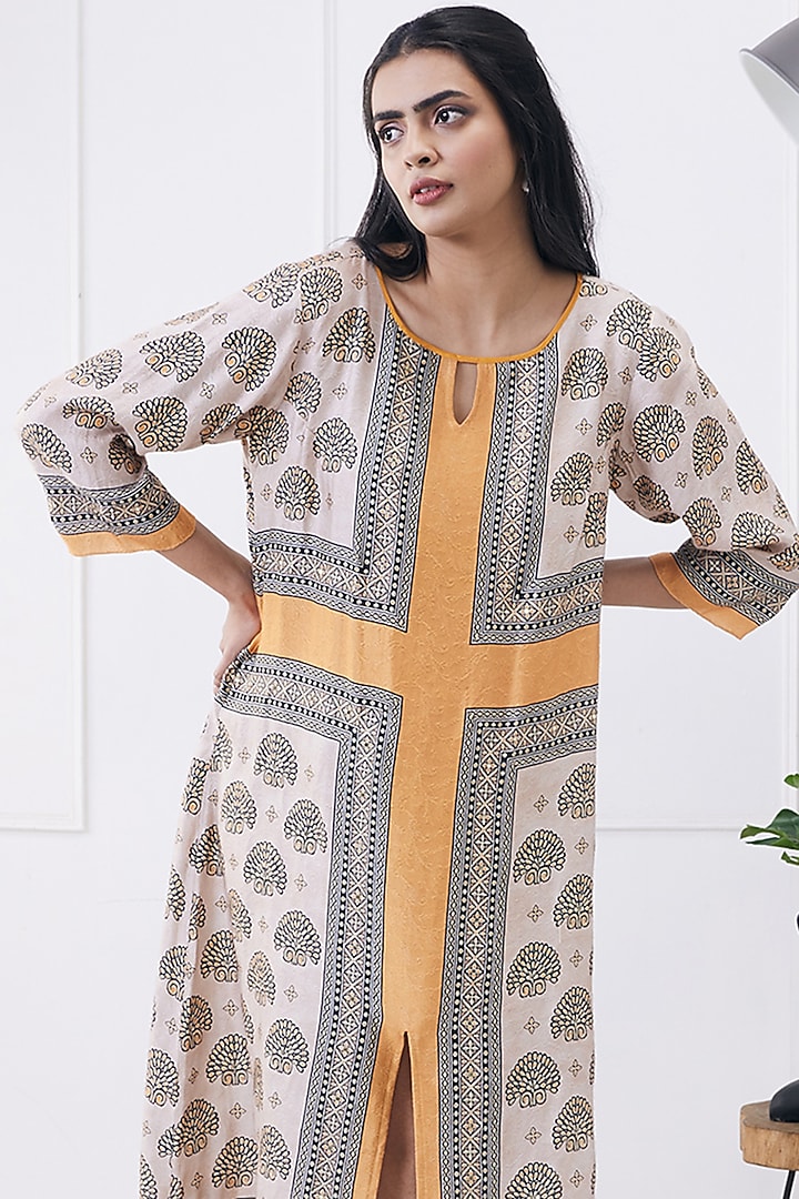 Beige & Orange Satin Printed Summer Dress by Soup by Sougat Paul at Pernia's Pop Up Shop