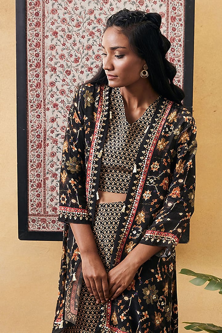 Black Crepe Embroidered Jacket Set by Soup by Sougat Paul at Pernia's Pop Up Shop