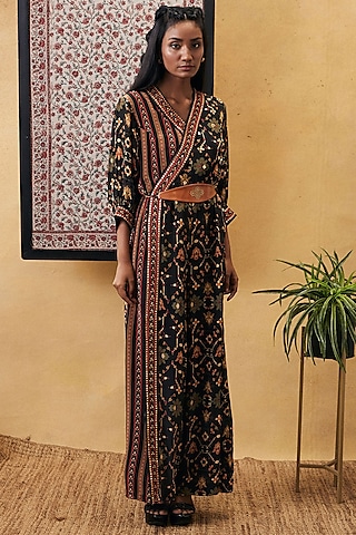 Black Crepe Printed Jumpsuit by Soup by Sougat Paul