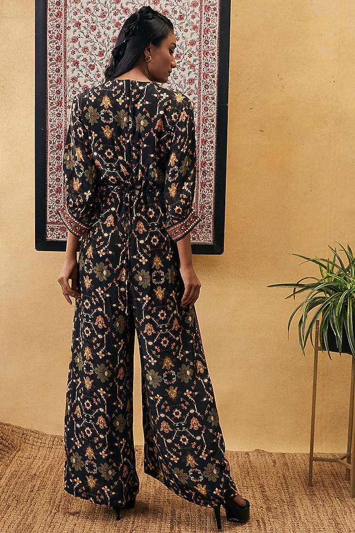 Black Crepe Printed Jumpsuit by Soup by Sougat Paul at Pernia's Pop Up Shop