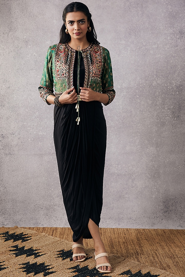 Black Crepe & Malaysian Silk Jumpsuit With Jacket by Soup by Sougat Paul