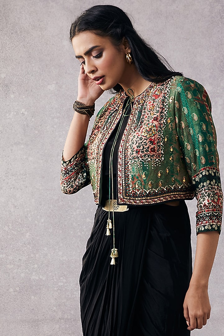 Black Crepe & Malaysian Silk Jumpsuit With Jacket by Soup by Sougat Paul at Pernia's Pop Up Shop