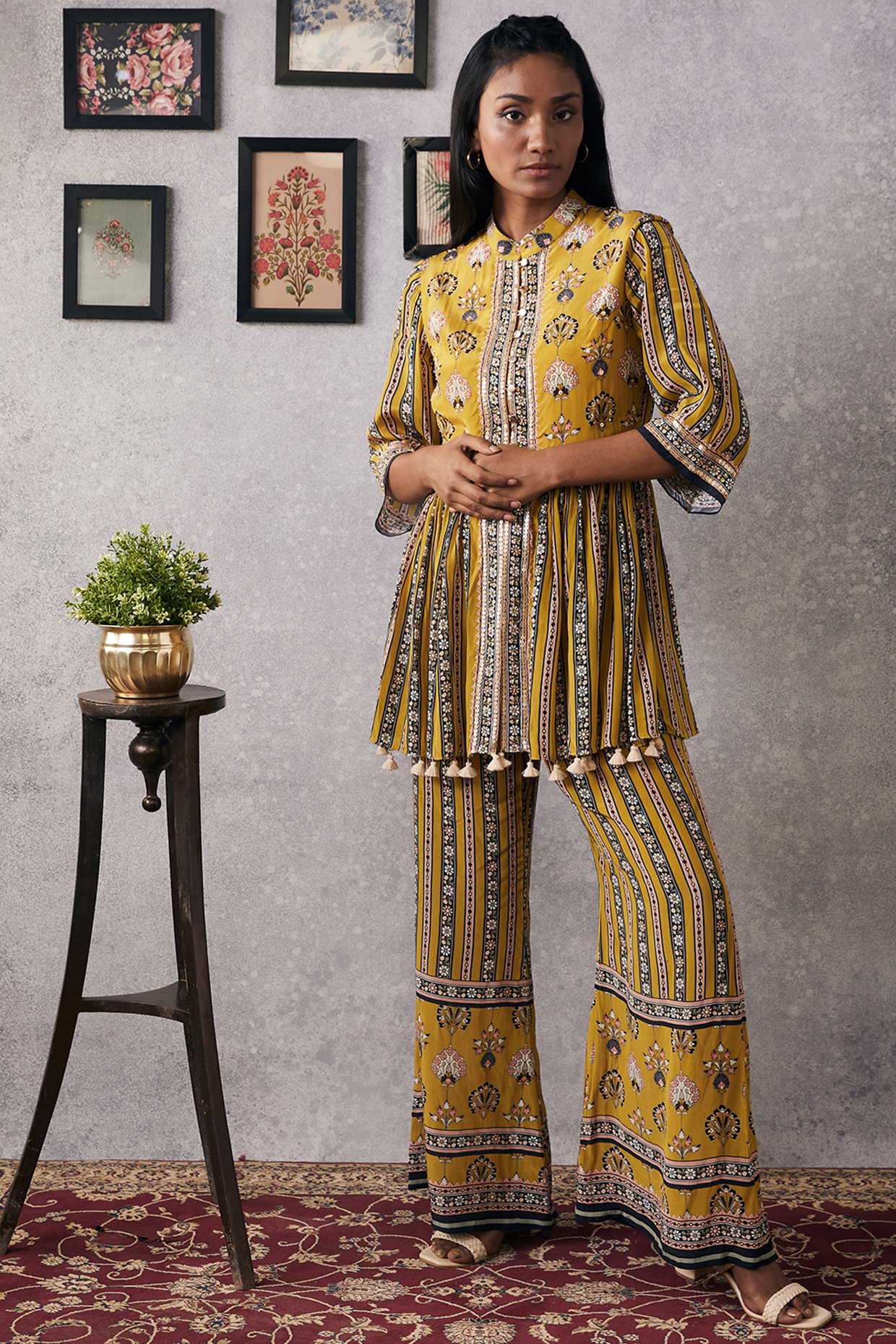 Yellow Crepe Embroidered Kurta Set by Soup by Sougat Paul at Pernia's Pop Up Shop
