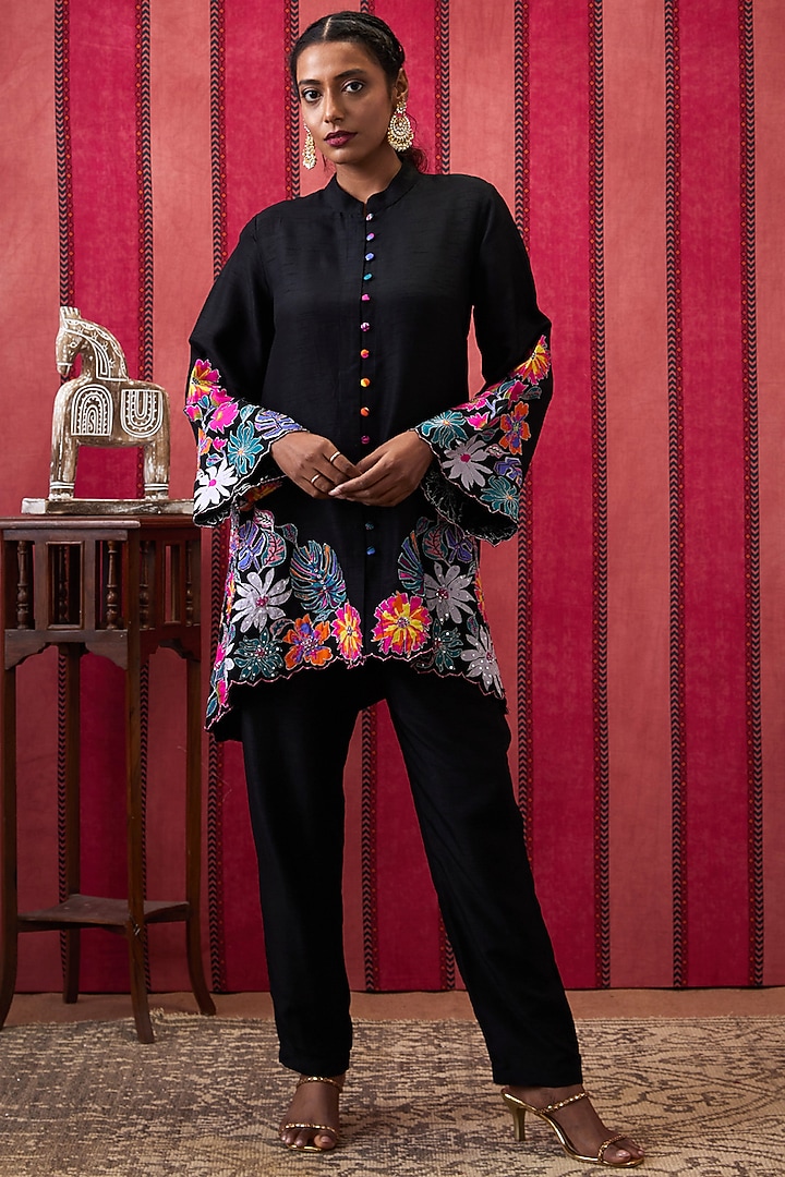 Black Malaysian Silk Applique Work Co-Ord Set by Soup by Sougat Paul at Pernia's Pop Up Shop