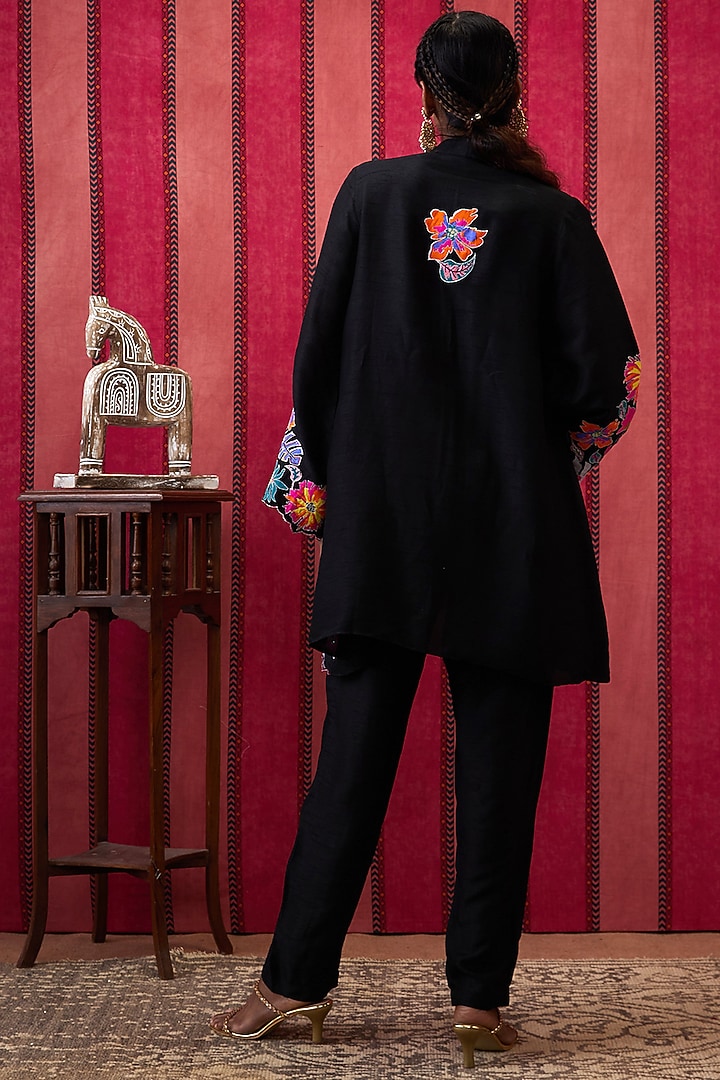 Black Malaysian Silk Applique Work Co-Ord Set by Soup by Sougat Paul at Pernia's Pop Up Shop