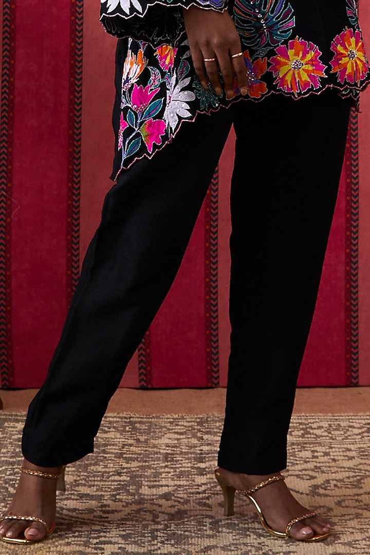 Black Malaysian Silk Applique Work Co-Ord Set by Soup by Sougat Paul at Pernia's Pop Up Shop
