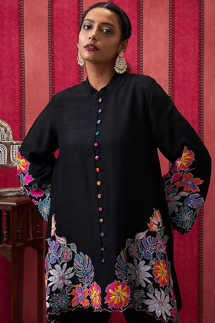 Black Malaysian Silk Applique Work Co-Ord Set by Soup by Sougat Paul at Pernia's Pop Up Shop