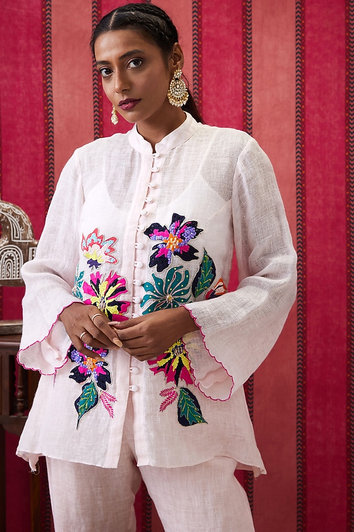 White Handloom Net Applique Work Co-Ord Set by Soup by Sougat Paul at Pernia's Pop Up Shop