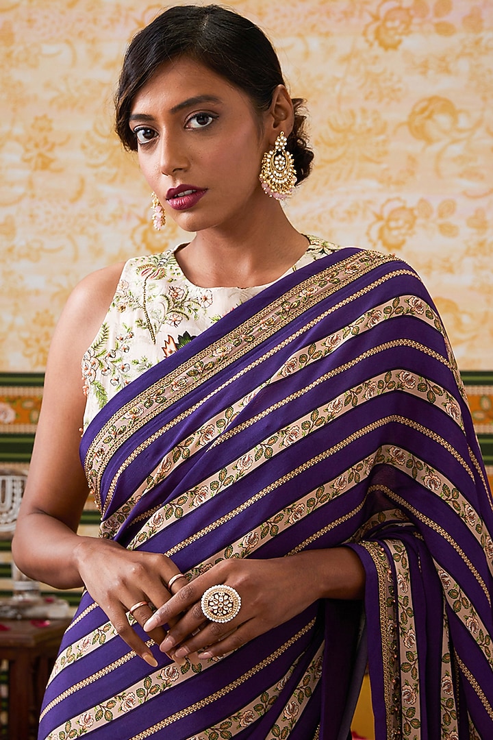 Purple Crepe Embroidered Pre-Draped Party Wear Saree Set by Soup by Sougat Paul at Pernia's Pop Up Shop